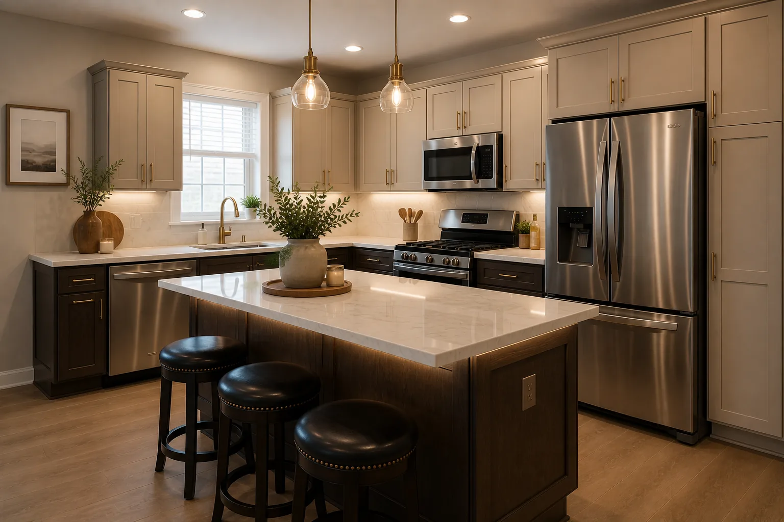 Renovated kitchen with cream cabinets, marble island and brass hardware