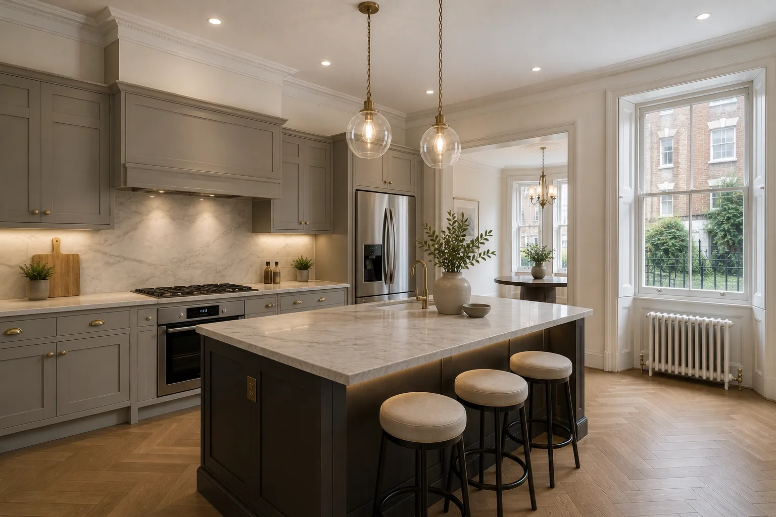 Renovated Victorian kitchen with grey shaker cabinets, marble waterfall island and herringbone parquet floor