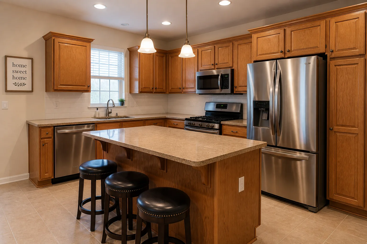 Original oak kitchen with laminate countertops