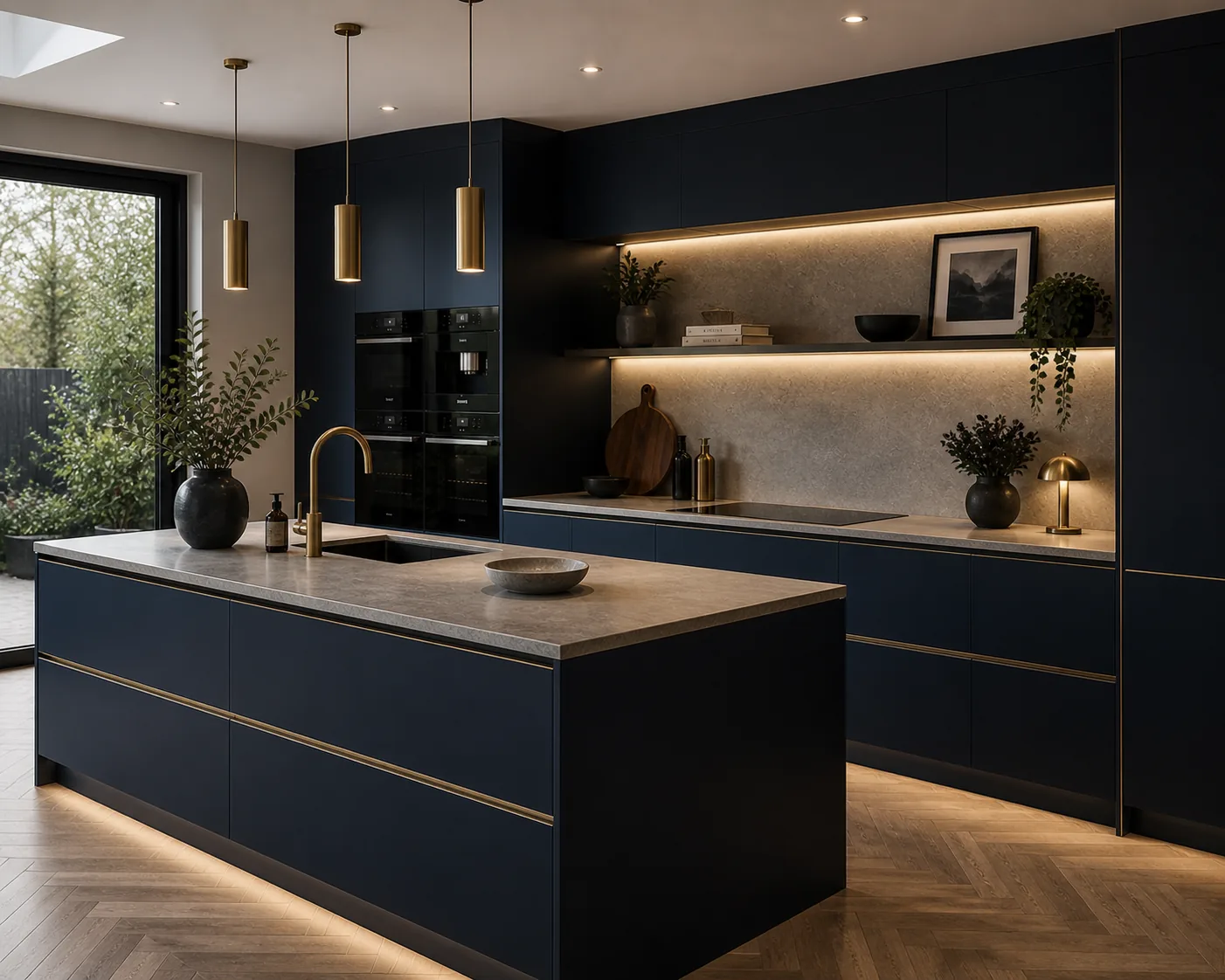 Dark navy kitchen with brass inlays and herringbone parquet floor in Stoke Newington