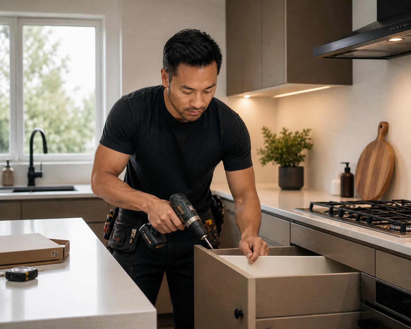 Hartley & Co kitchen showcasing dark walnut cabinetry and warm under-cabinet lighting
