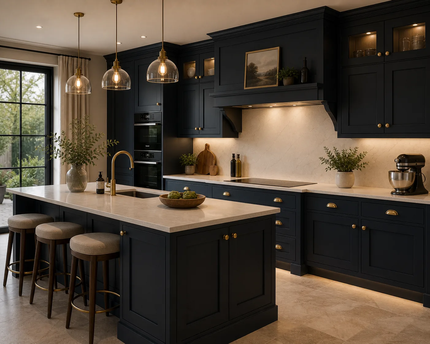 Shaker kitchen with brass hardware being installed